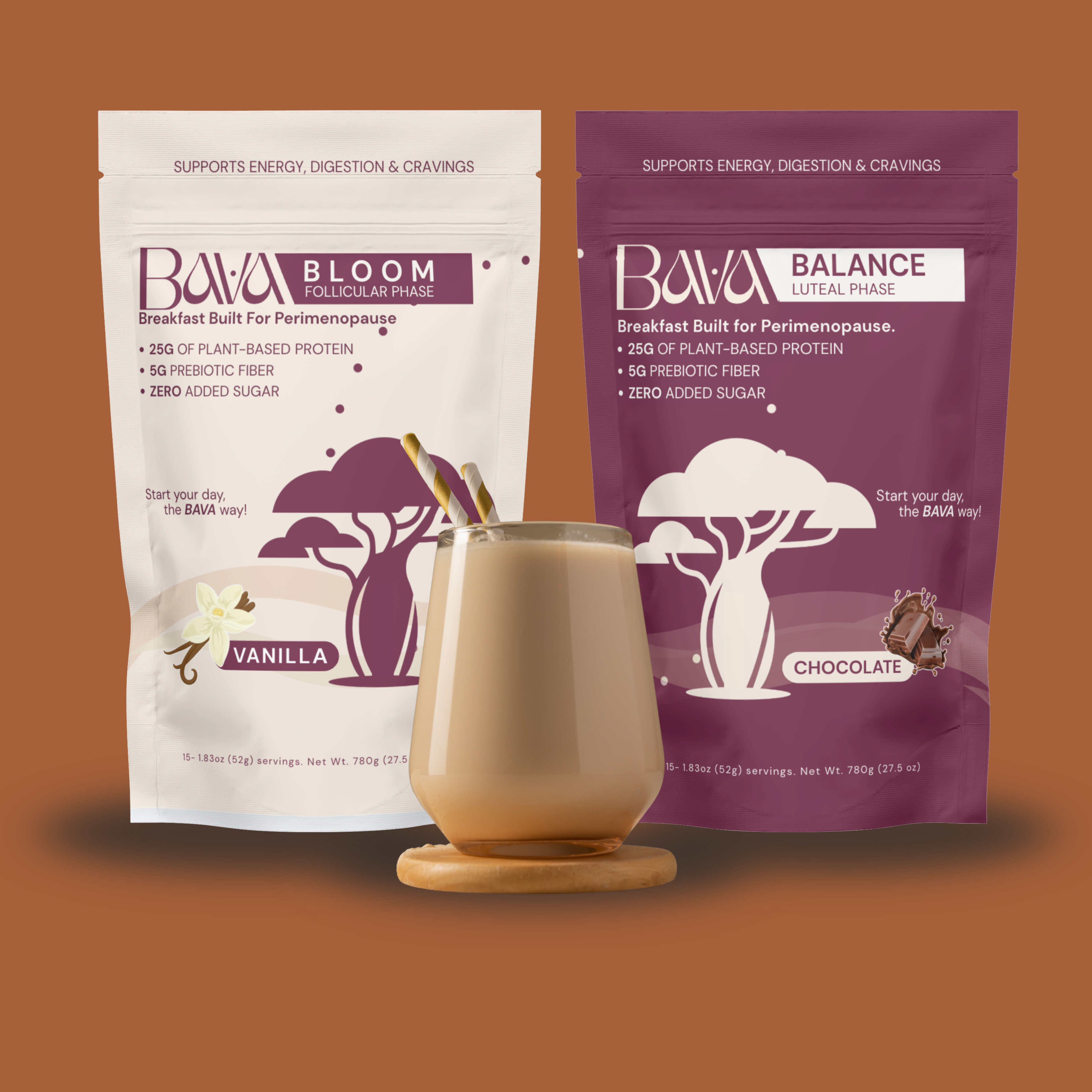 Two Bava supplement packages, one vanilla and one chocolate, with a glass of a brown beverage on an orange background.