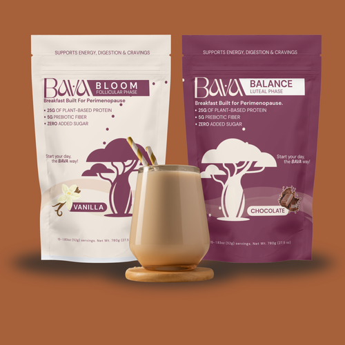 Two Bava supplement packages, one vanilla and one chocolate, with a glass of a brown beverage on an orange background.